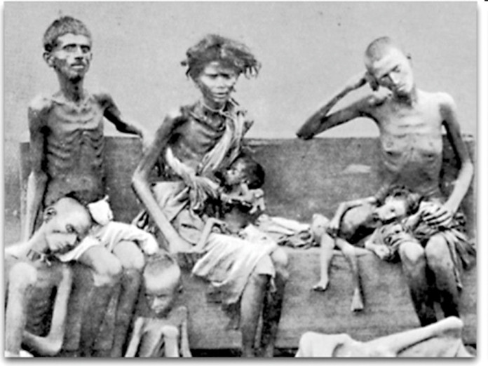 Personas sufriendo los efectos de la hambruna en India 1877