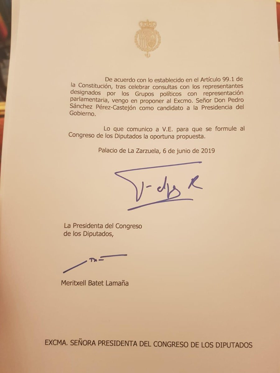Carta rey Pedro Sanchez investidura